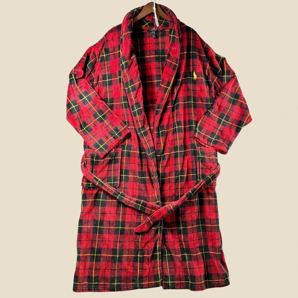 Polo Ralph Lauren Robe Men L/XL Red Black Plaid Fleece Sleepwear Loungewear New